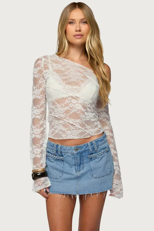 Stitched Sheer Lace Off Shoulder  Top sold by Edikted