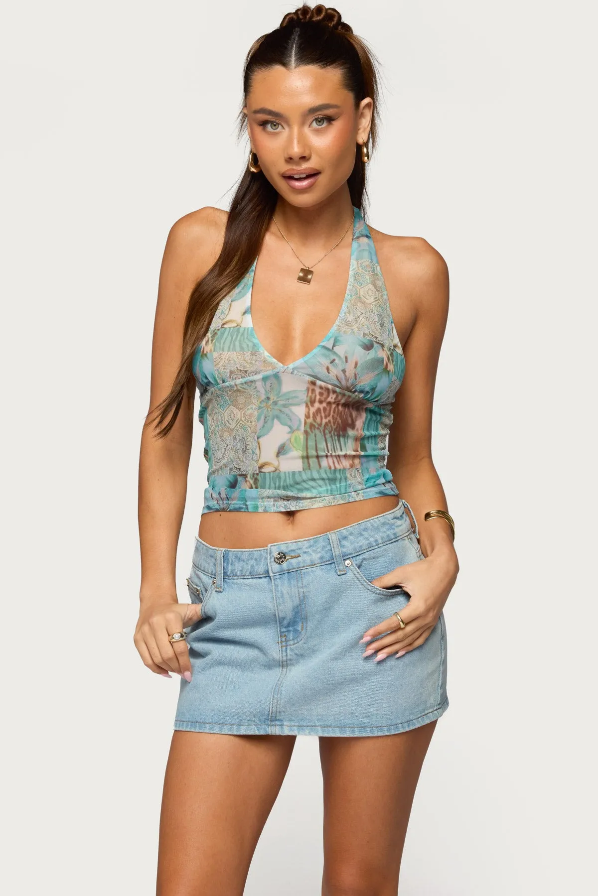 Catie Printed Mesh Halter Top sold by Edikted