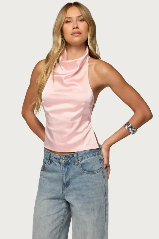 Satin Effect Backless Cowl Neck Top sold by Edikted