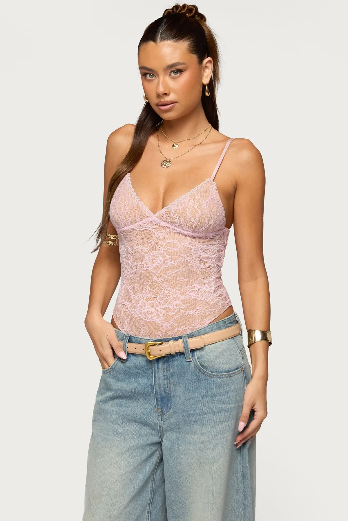 Nolyn Sheer Lace V Neck Bodysuit sold by Edikted product image thumbnail 3