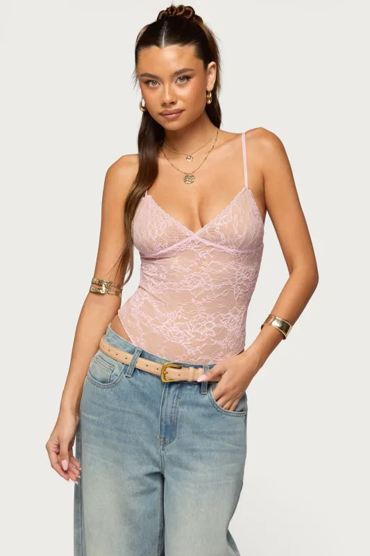 Nolyn Sheer Lace V Neck Bodysuit sold by Edikted