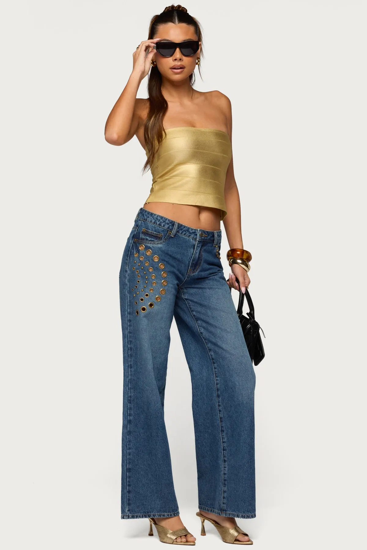 Monika Stud & Grommet Low Rise Baggy Jeans sold by Edikted