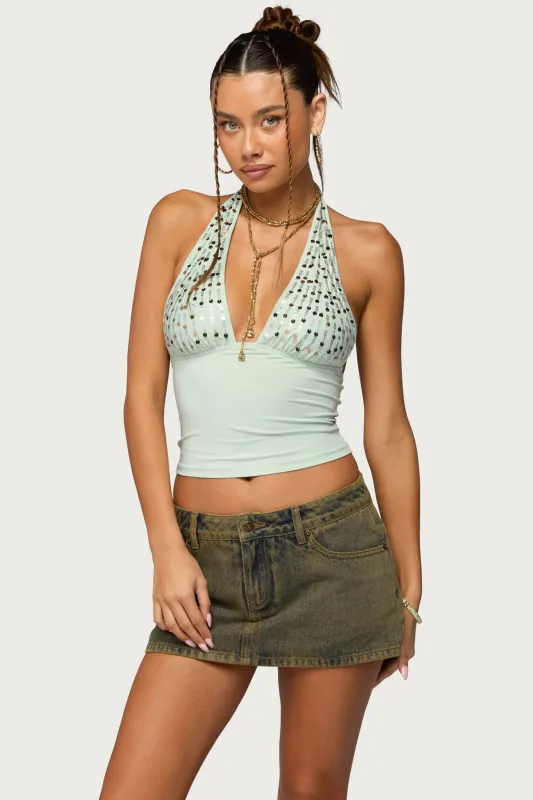 Sequin Plunge Neck Halter Top made by Edikted