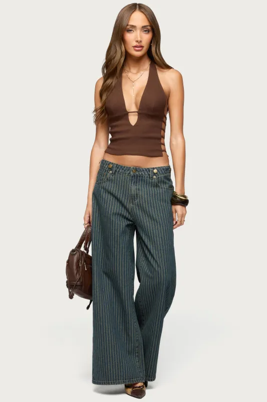 Button Pinstripe Low Rise Baggy Jeans sold by Edikted