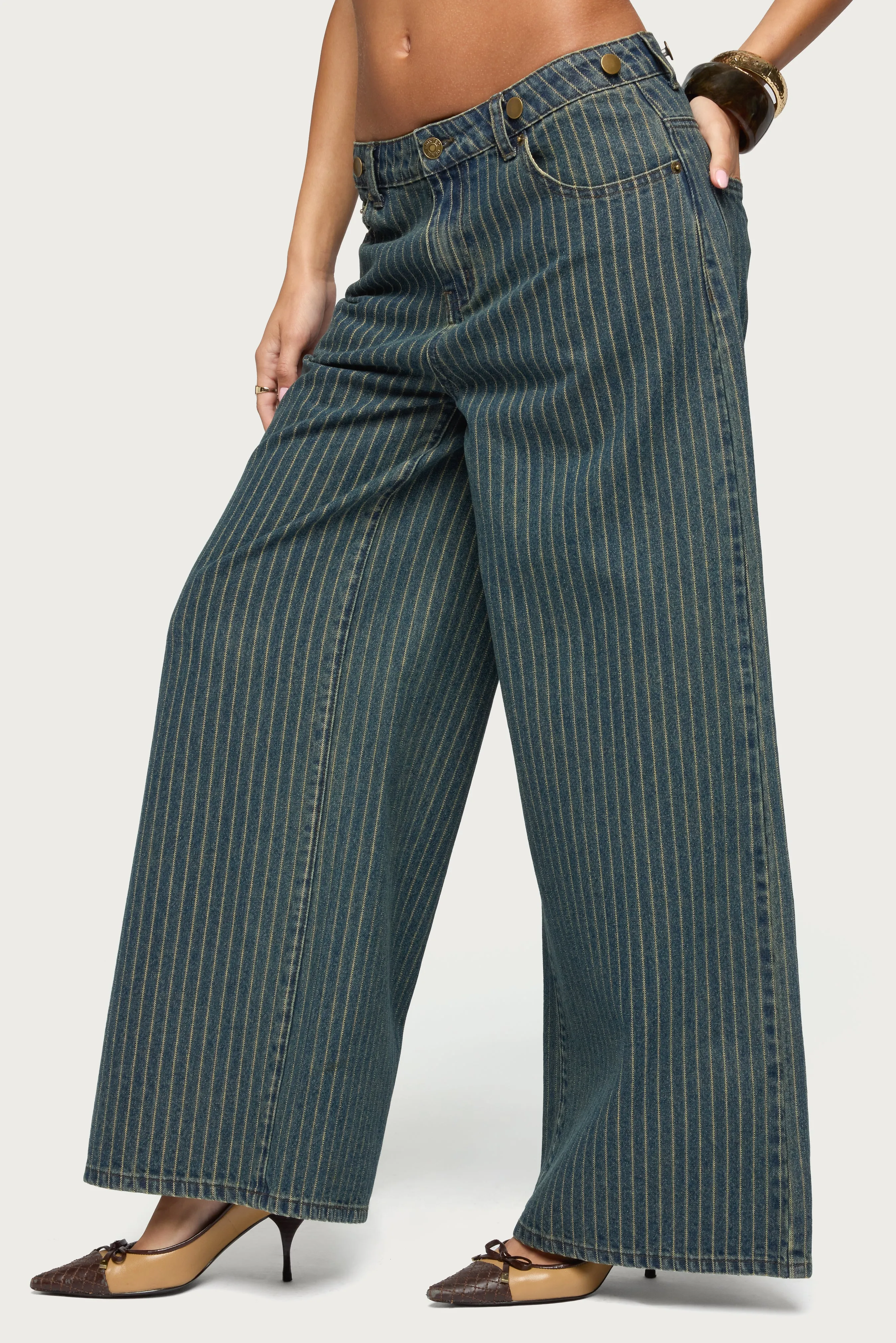 Button Pinstripe Low Rise Baggy Jeans sold by Edikted product image thumbnail 3