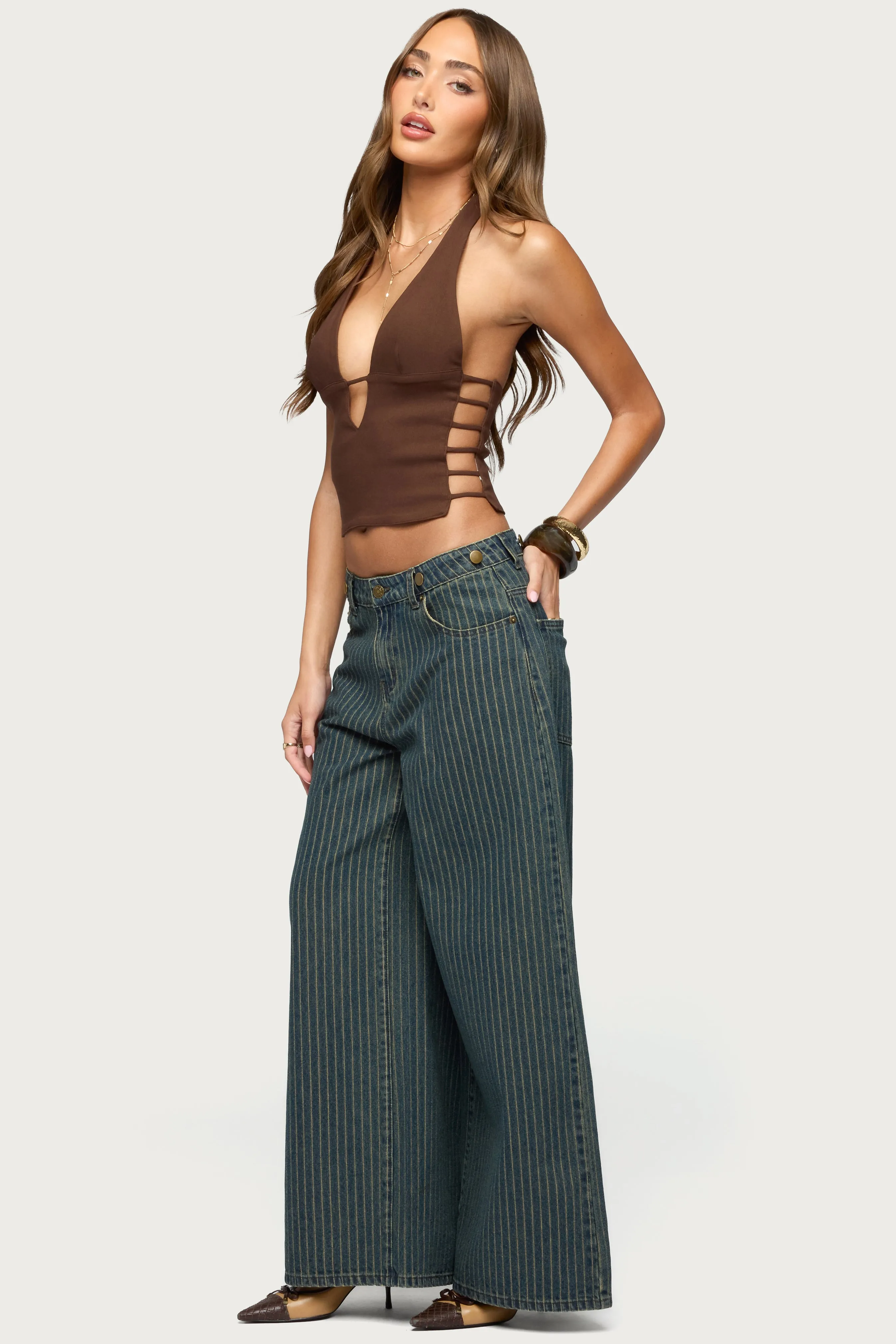 Button Pinstripe Low Rise Baggy Jeans sold by Edikted product image thumbnail 5