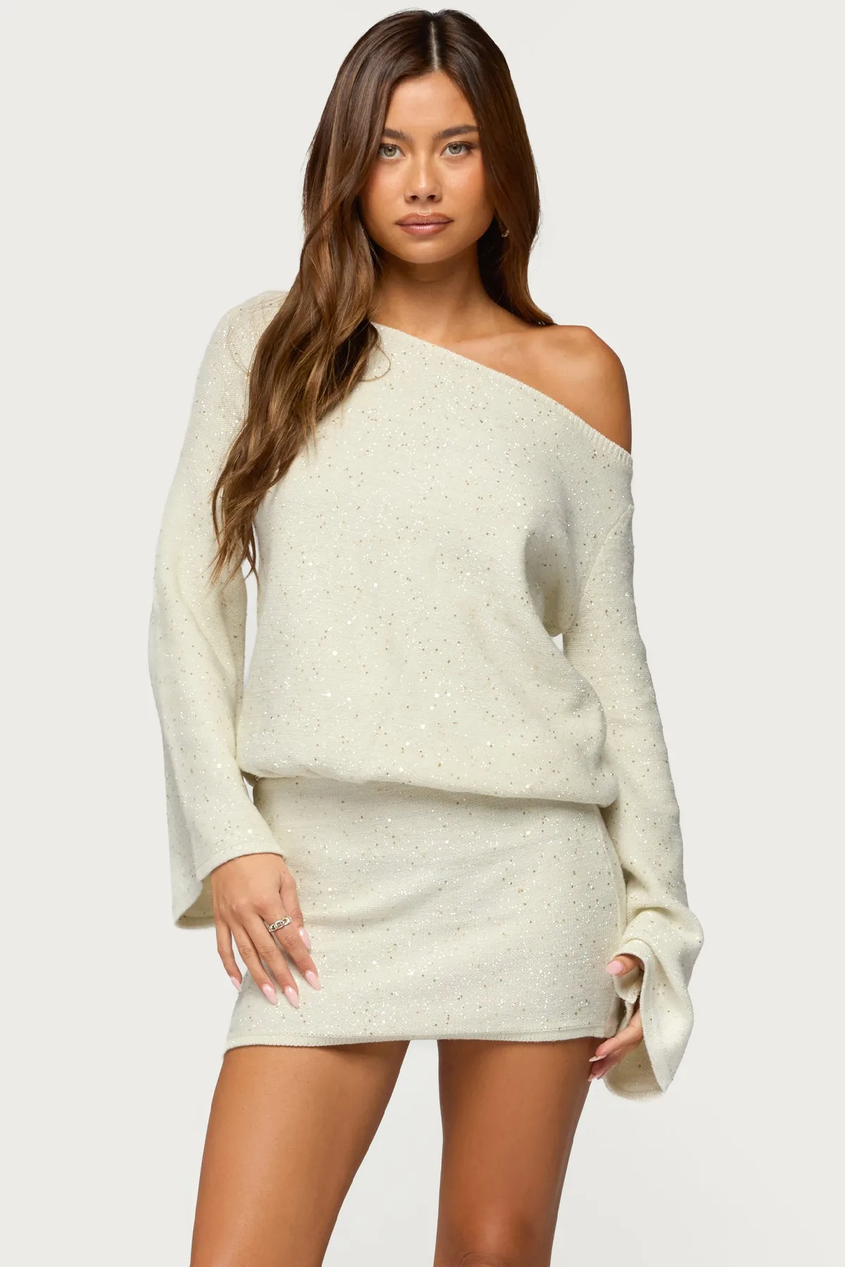 Off Shoulder Sequin Knit Mini Dress sold by Edikted product image thumbnail 2