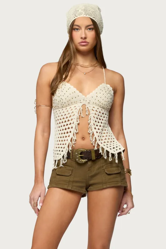 Maggie Bead Split Front Backless Crochet Top sold by Edikted