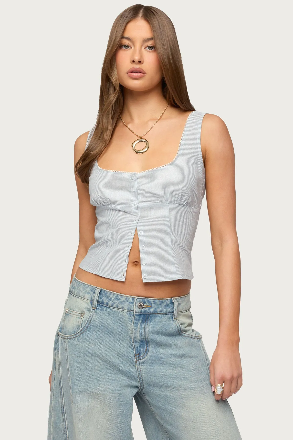 Katiya Pinstripe Button Up Top sold by Edikted