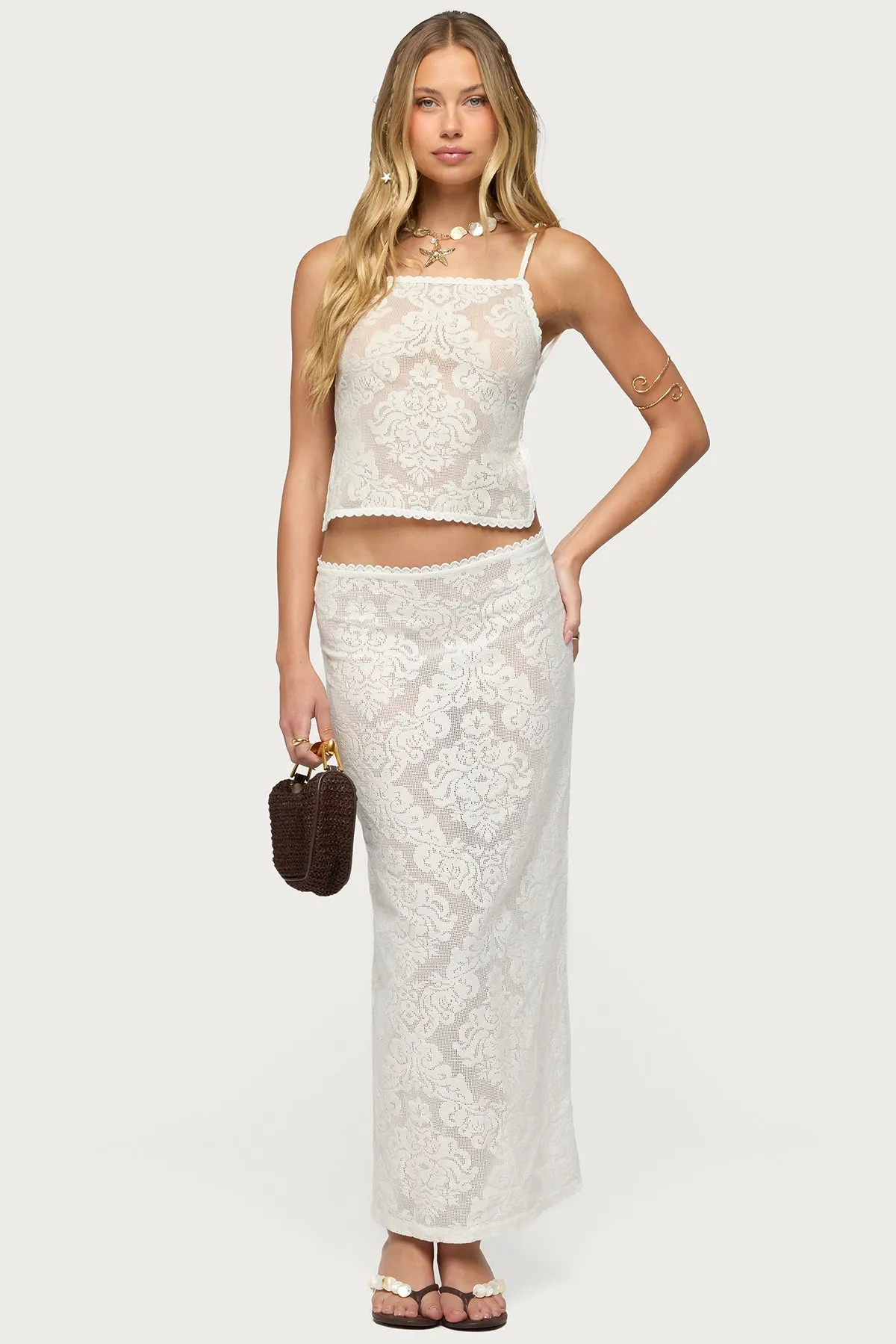 Violette Sheer Lace Maxi Skirt sold by Edikted