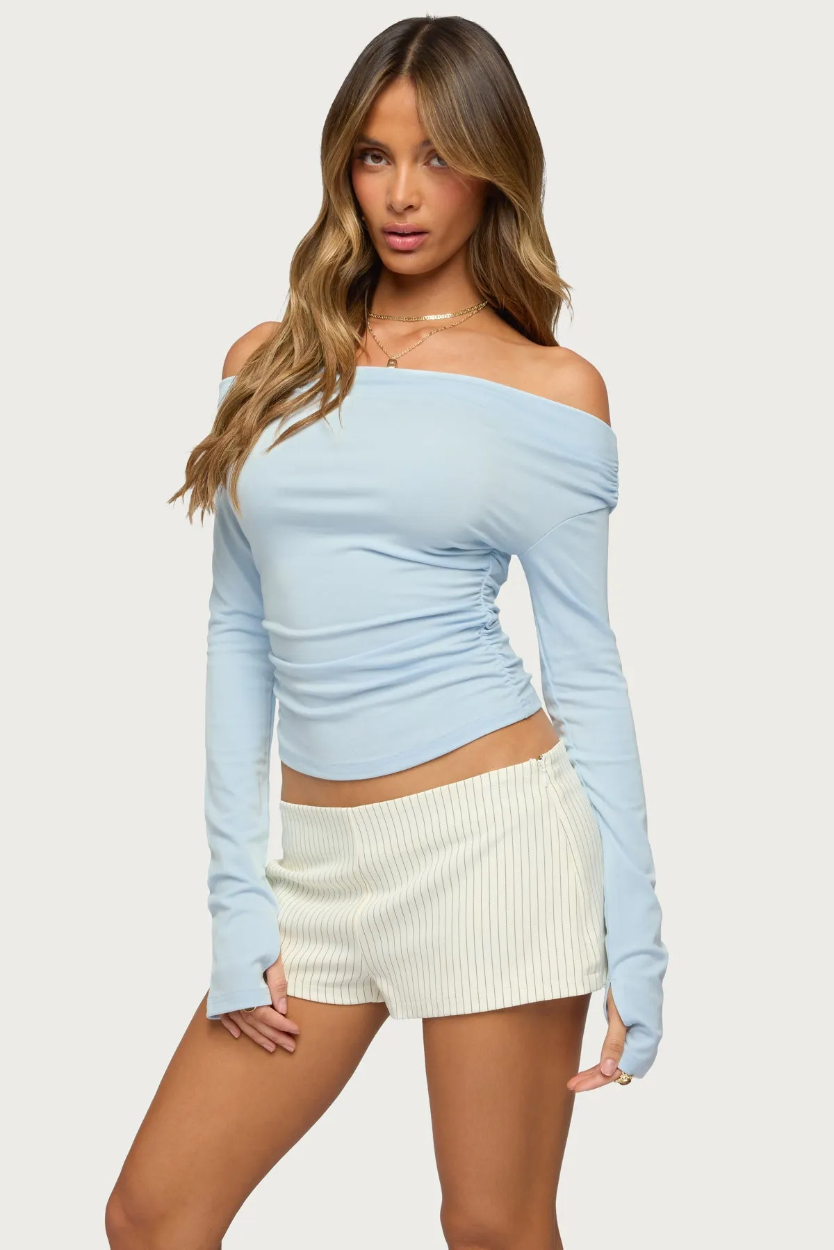 Milane Ruched Off Shoulder Ribbed Top sold by Edikted product image thumbnail 3
