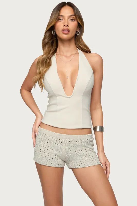 Loxley Stretchy Woven Plunge Halter Top made by Edikted