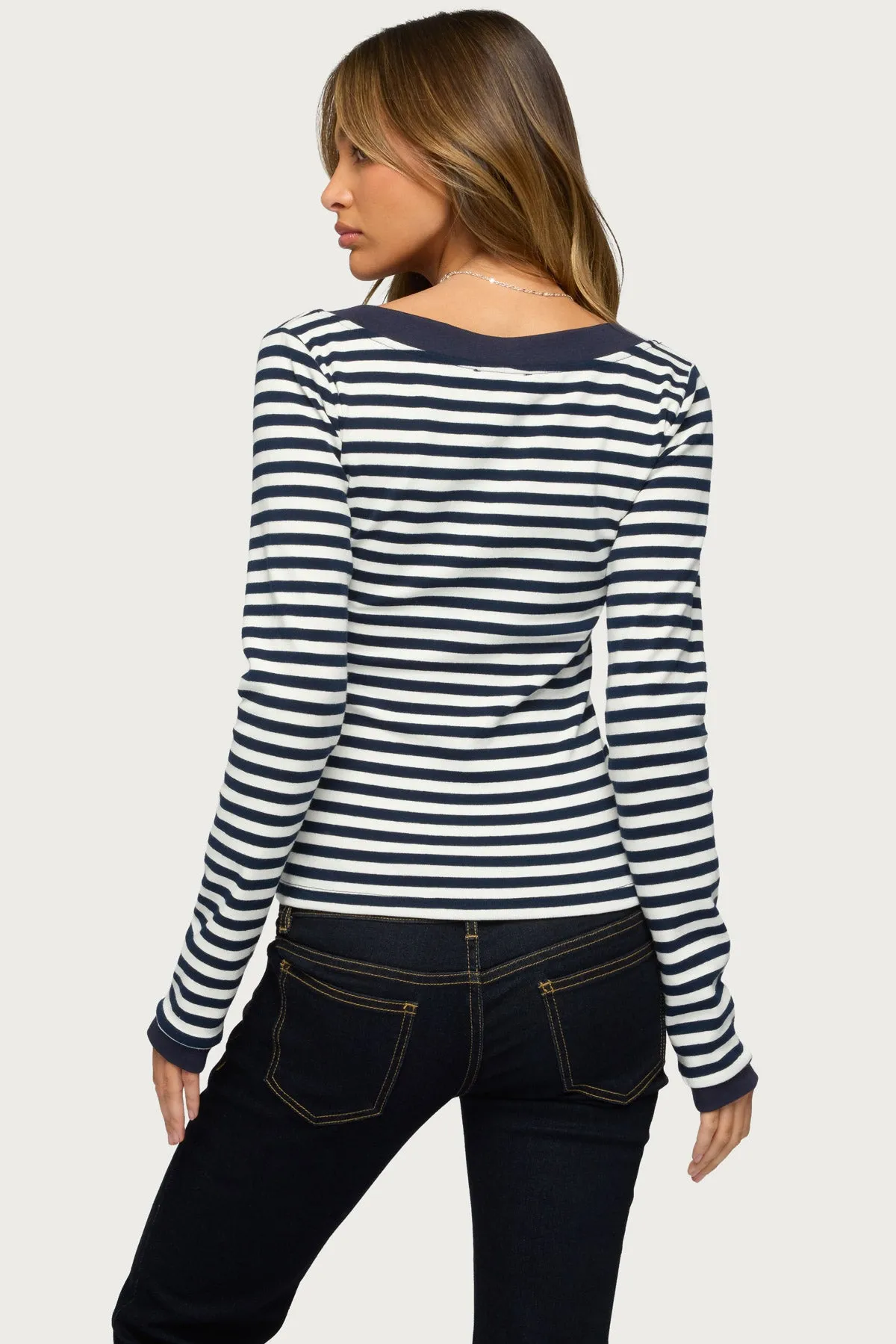 Kimi Striped Long Sleeve V Neck Top sold by Edikted product image thumbnail 3