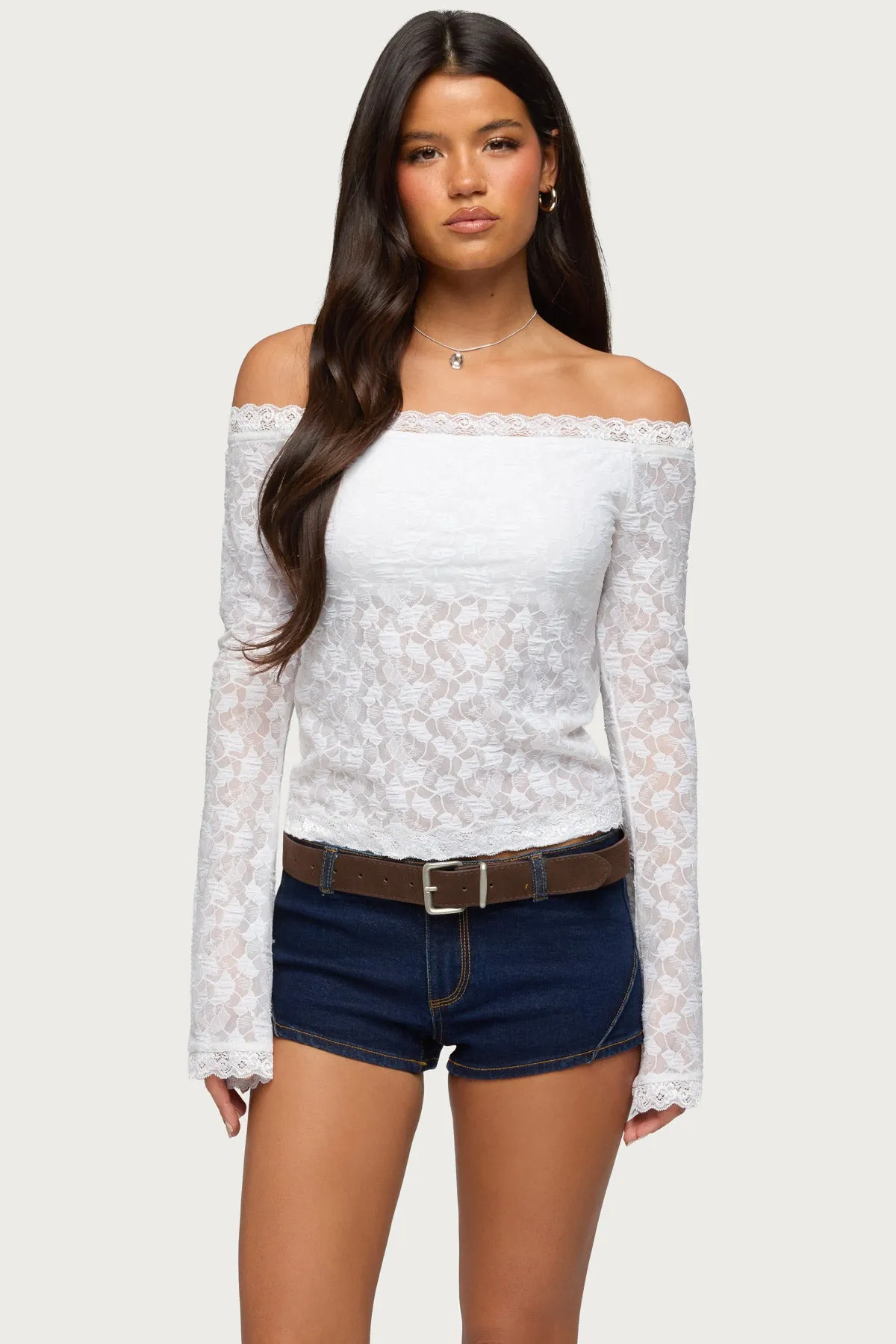 Built In Bra Off Shoulder Lace Top sold by Edikted