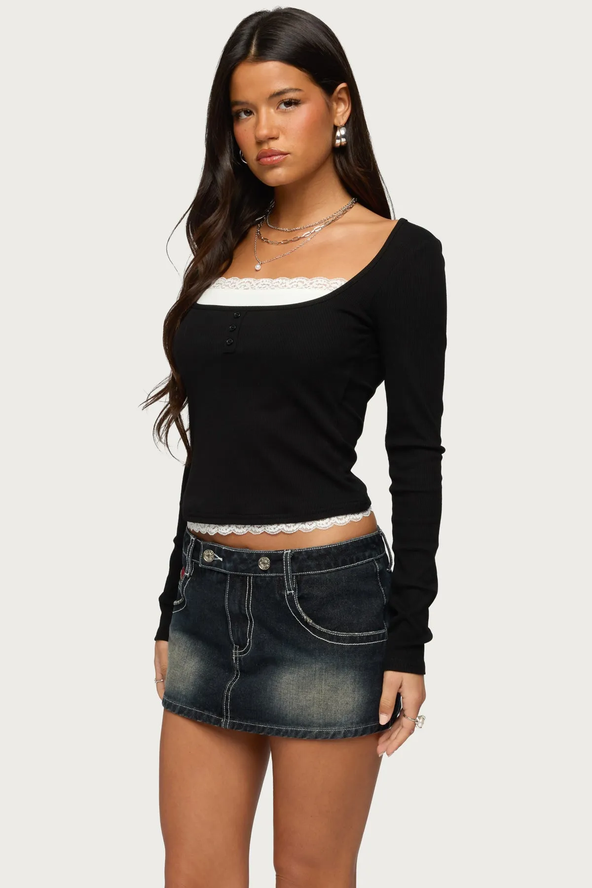 Joana Layered Lacey Henley Top sold by Edikted product image thumbnail 3