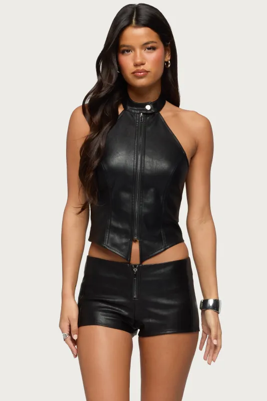 Diana Zip Up Faux Leather Halter Top made by Edikted
