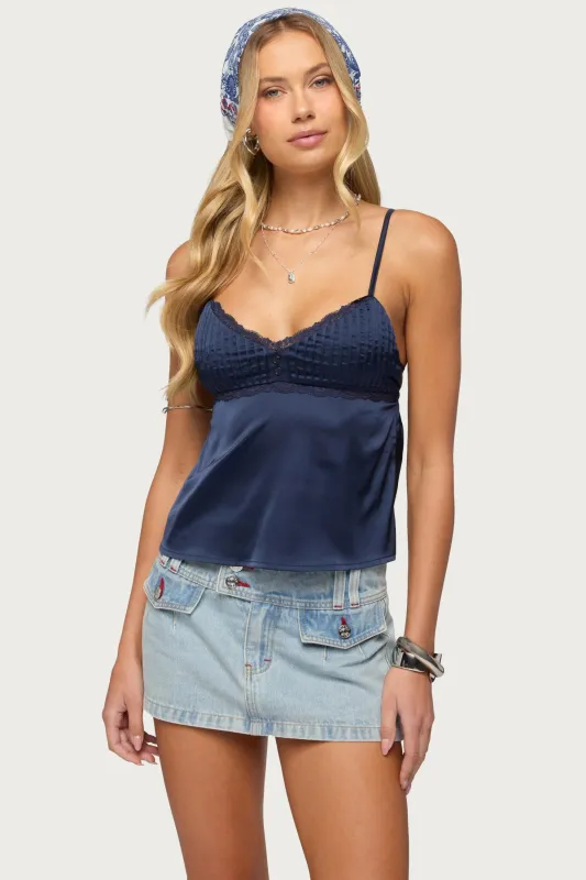 Blanca Satin Effect Lace Trim Tank Top sold by Edikted