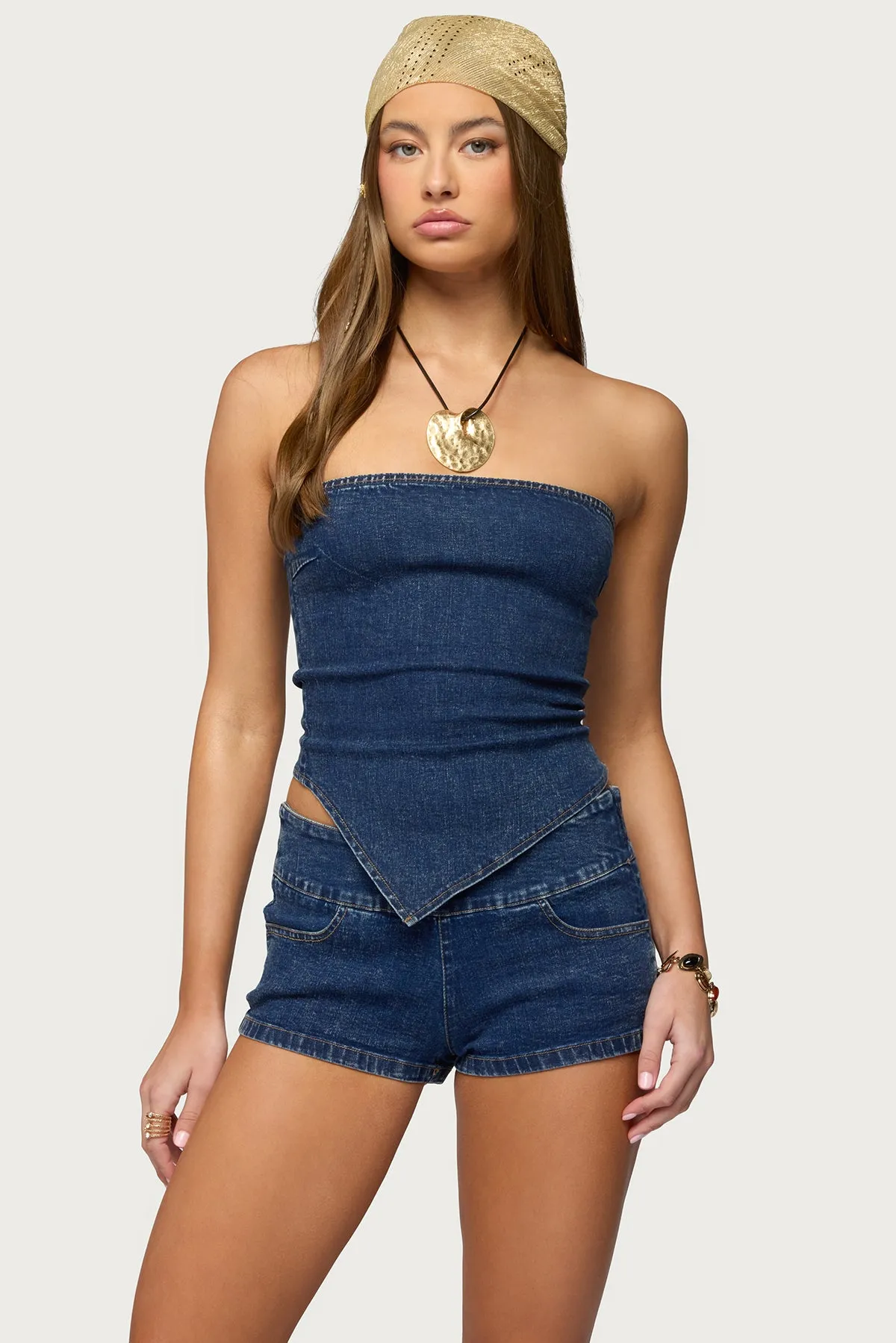 Zaida Asymmetric Denim Strapless Top sold by Edikted