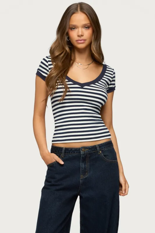 Antonela Striped V Neck T Shirt sold by Edikted