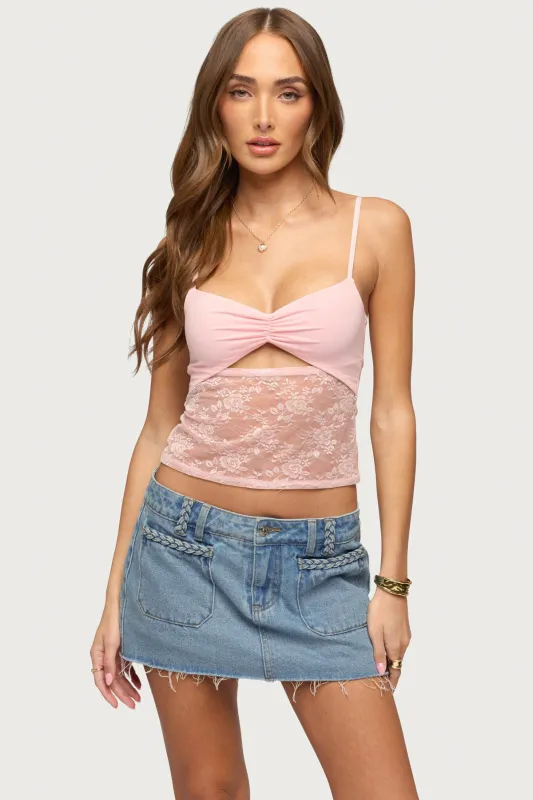 Damarie Cutout Ruched Sheer Lace Top made by Edikted