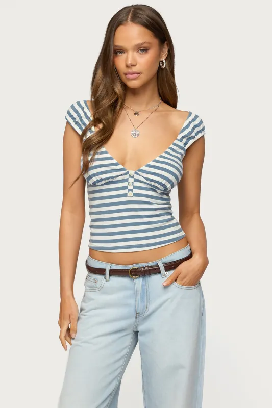 Aina Striped V Neck Henley Top made by Edikted
