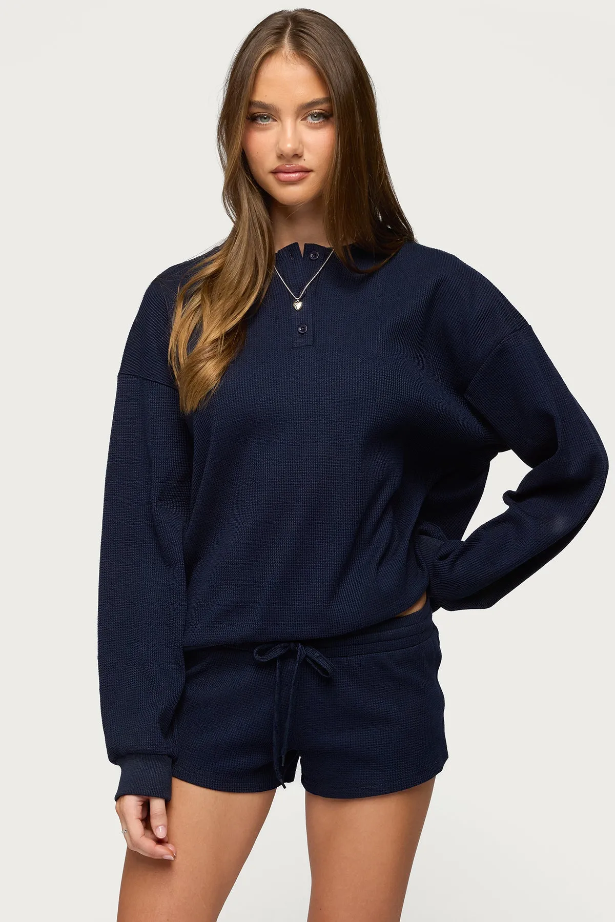 Baila Waffle Henley Top sold by Edikted