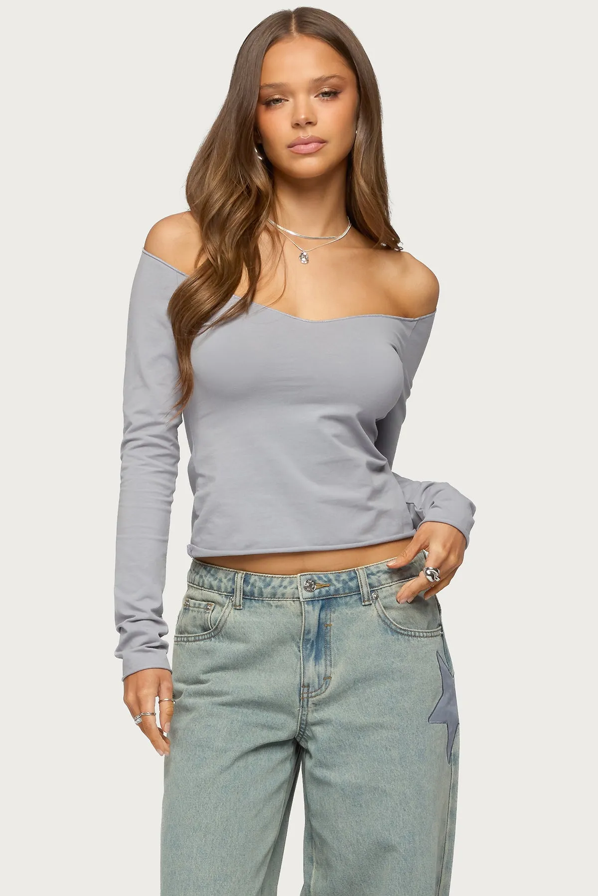 Nattie Off Shoulder V Neck Top sold by Edikted