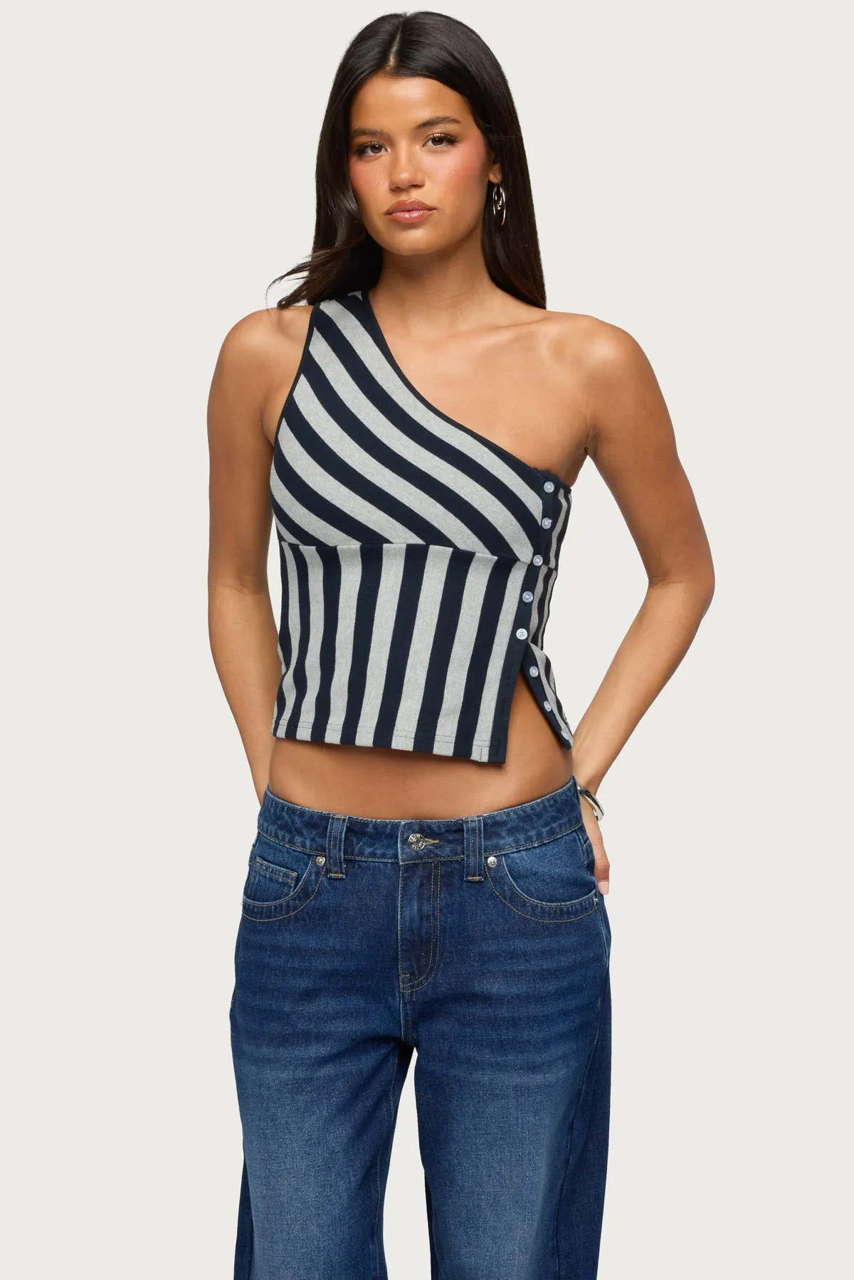 Button Striped One Shoulder Top sold by Edikted
