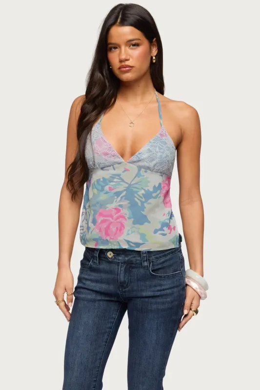 Bloomey Printed Backless Halter Top made by Edikted