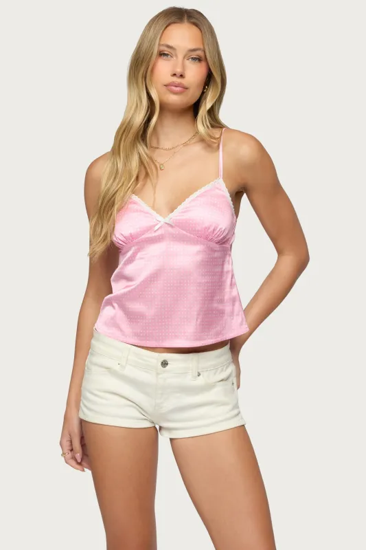 Polka Dot Satin Effect Lace Trim Top made by Edikted