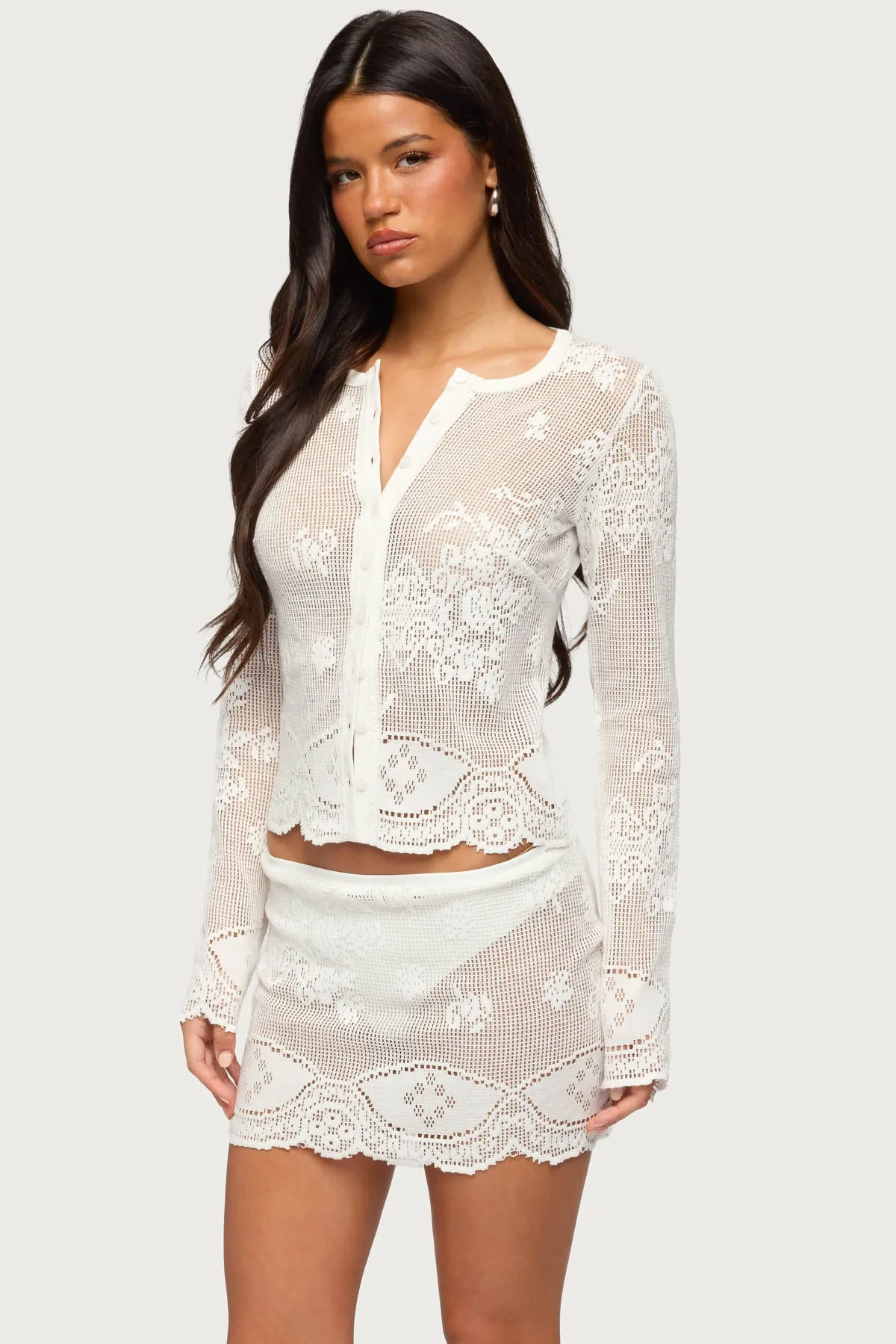 Rusa Button Up Sheer Crochet Top sold by Edikted product image thumbnail 3