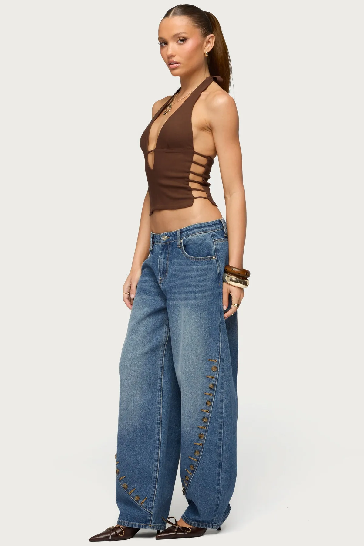 Button Stitch Low Rise Barrel Jeans sold by Edikted product image thumbnail 3