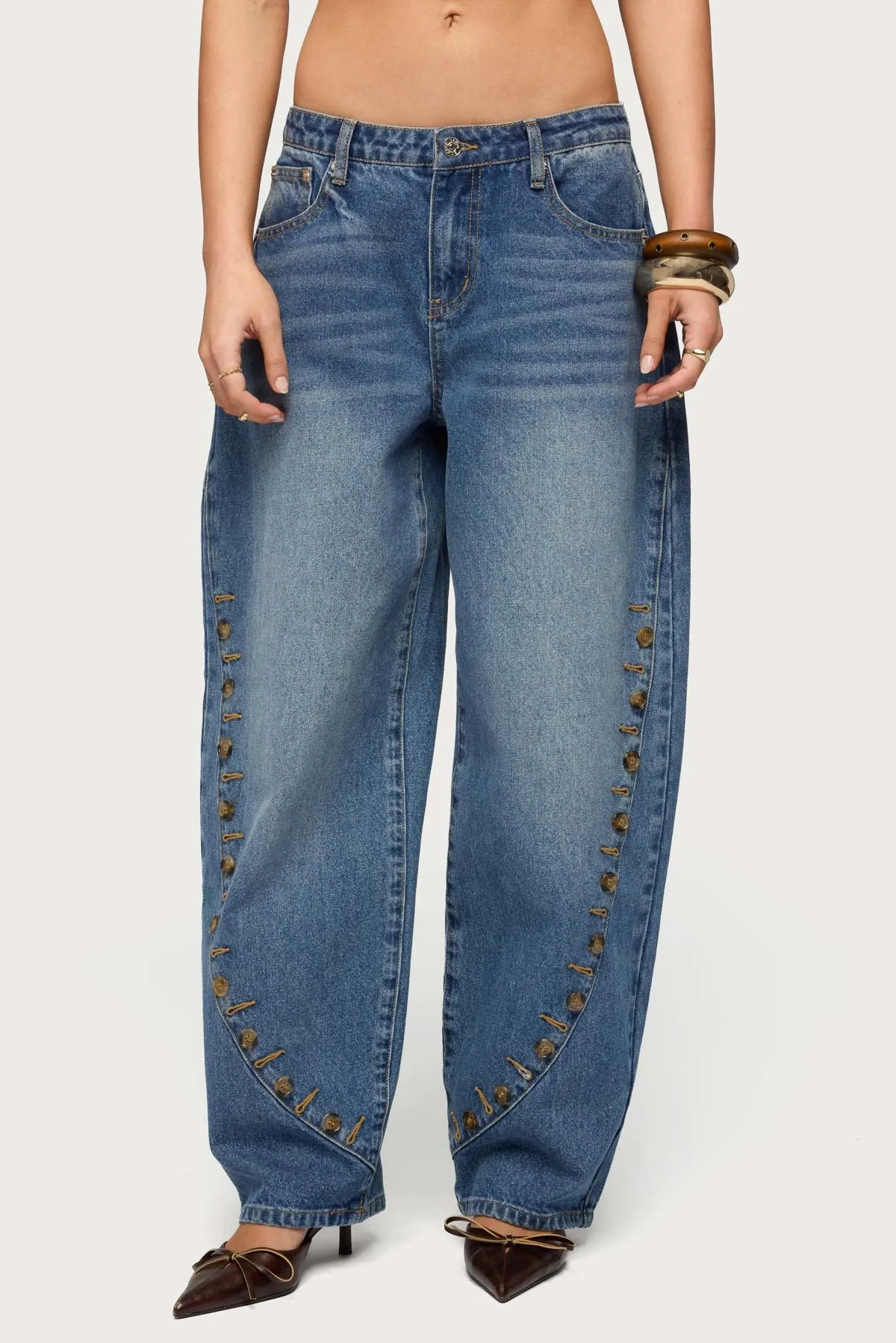 Button Stitch Low Rise Barrel Jeans sold by Edikted product image thumbnail 2
