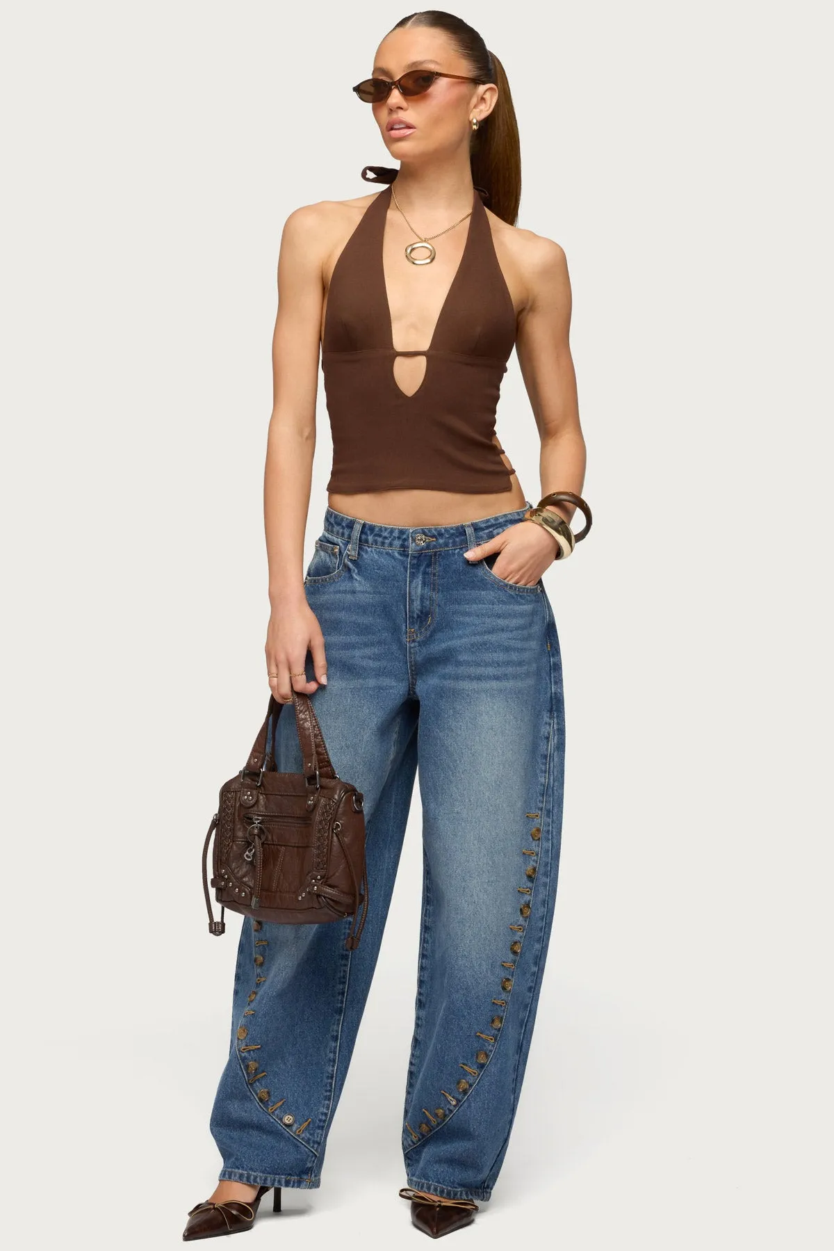 Button Stitch Low Rise Barrel Jeans sold by Edikted