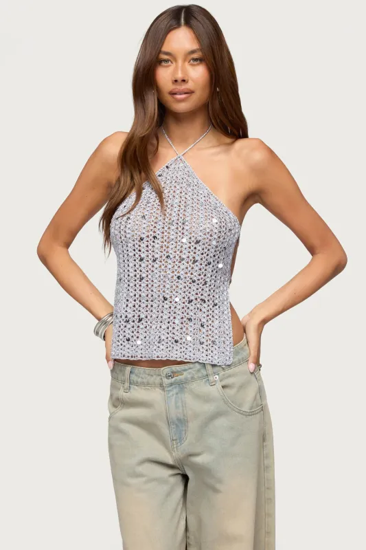 Thaly Backless Sequin Crochet Halter Top made by Edikted