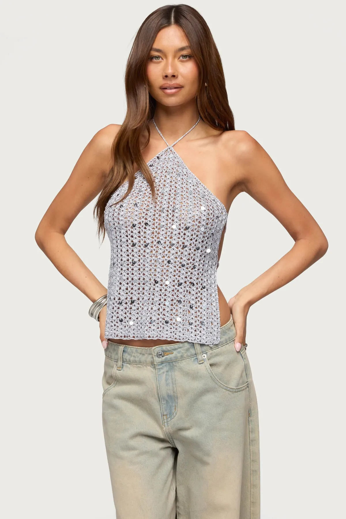 Thaly Backless Sequin Crochet Halter Top sold by Edikted