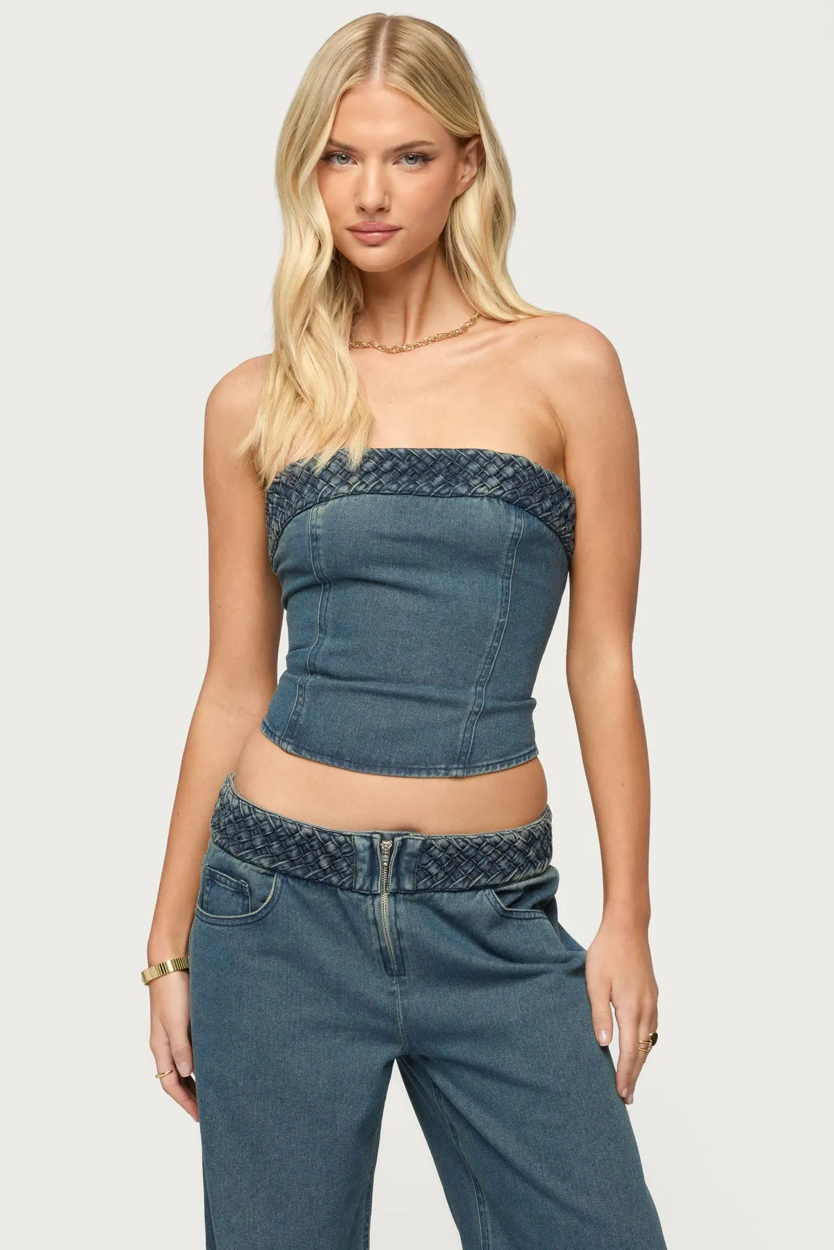Braidey Strapless Denim Top sold by Edikted