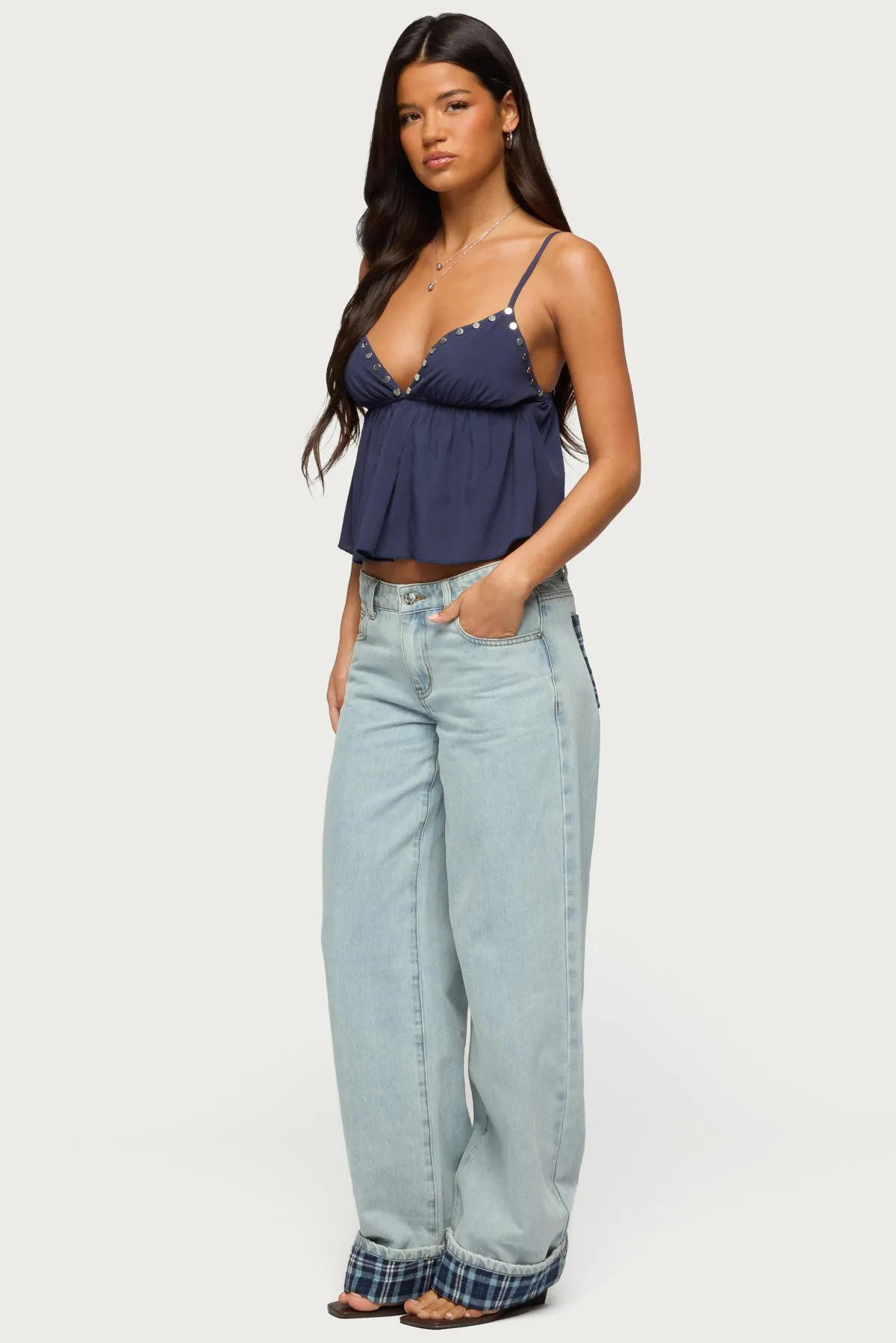 Plaid Cuffed Low Rise Baggy Jeans sold by Edikted product image thumbnail 5