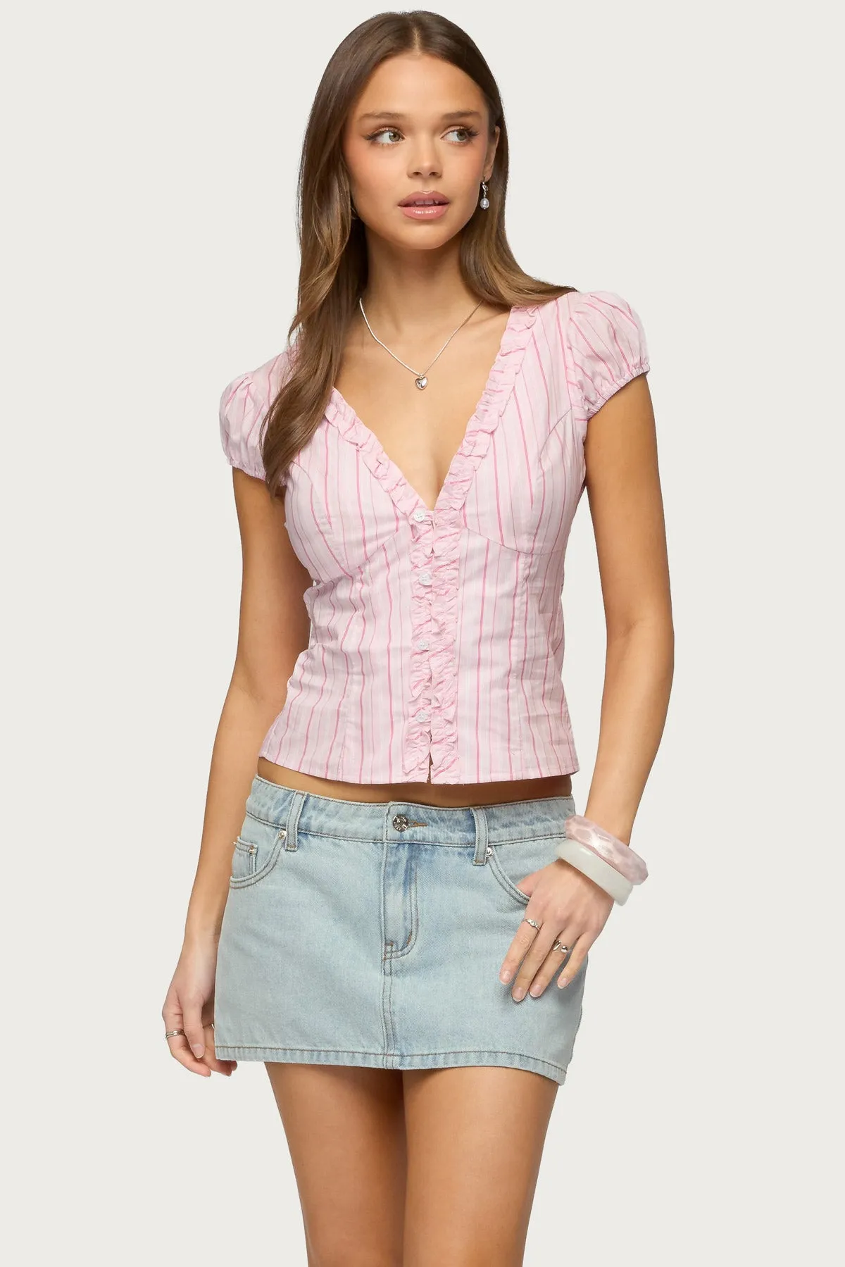 Georgia Ruffle Striped Button Up Top sold by Edikted