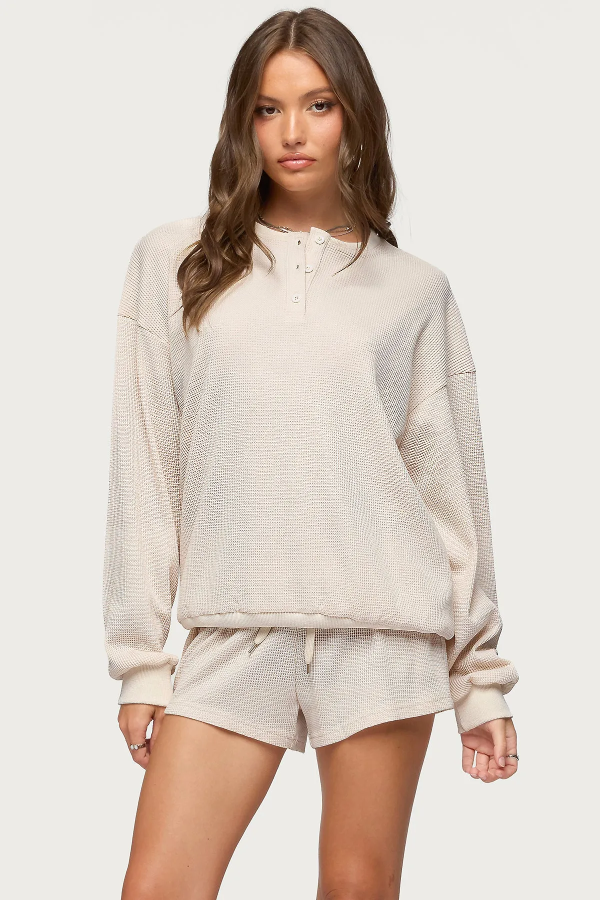 Baila Waffle Henley Top sold by Edikted