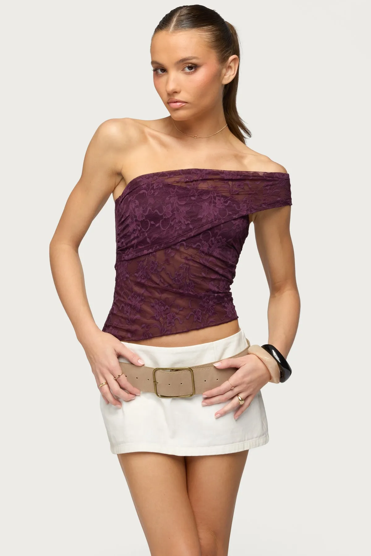 Asymmetric One Shoulder Sheer Lace Top sold by Edikted