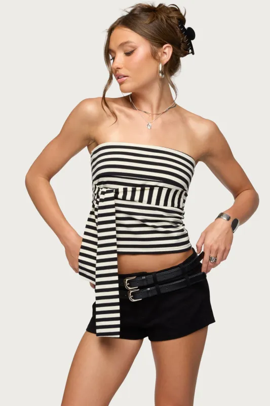 Finly Striped Tie Front Strapless Top made by Edikted