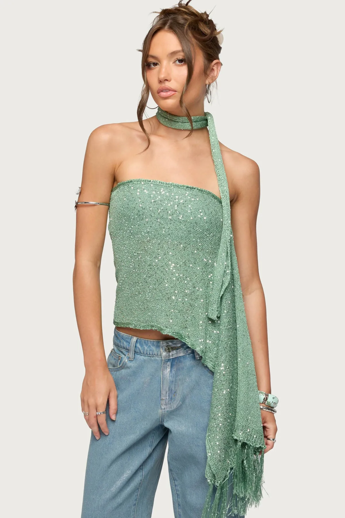 Two Piece Sequin Knit Scarf Top sold by Edikted