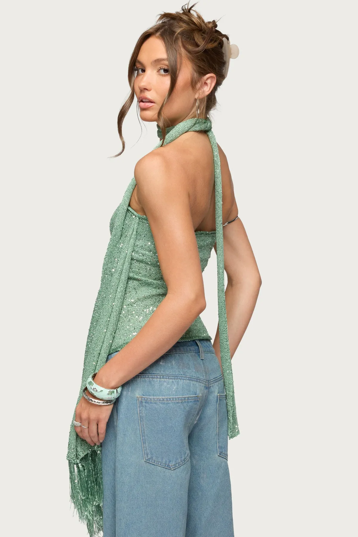 Two Piece Sequin Knit Scarf Top sold by Edikted product image thumbnail 4