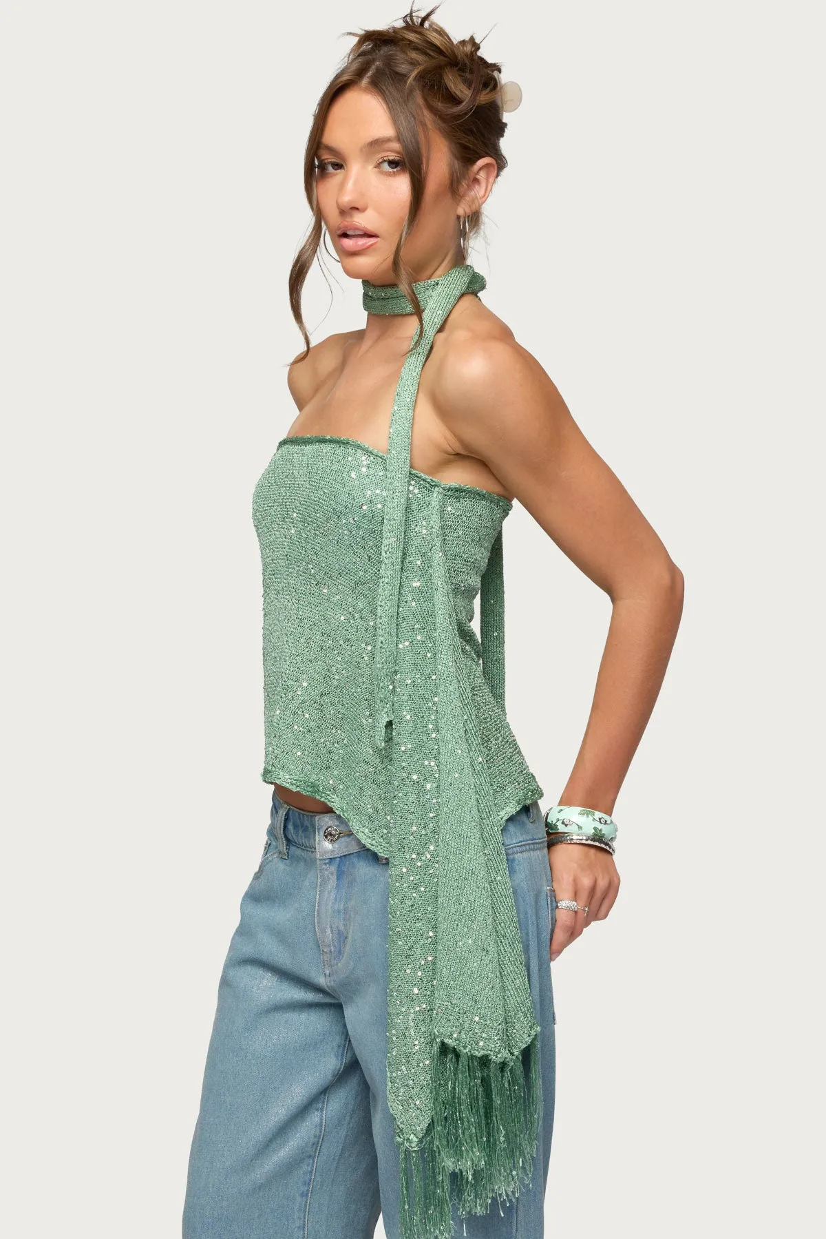 Two Piece Sequin Knit Scarf Top sold by Edikted product image thumbnail 3