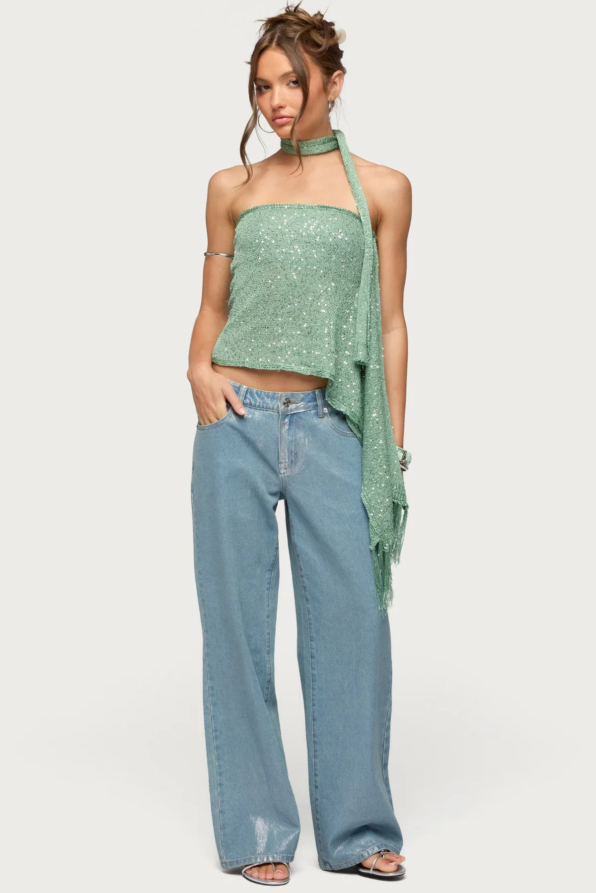 Two Piece Sequin Knit Scarf Top sold by Edikted product image thumbnail 5