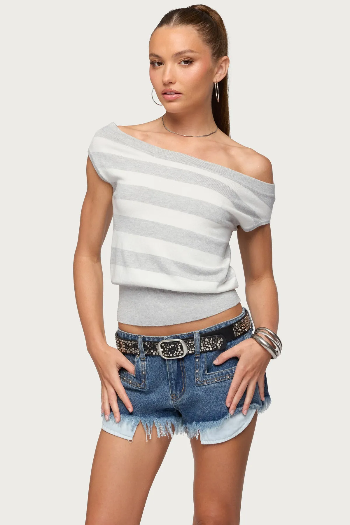 Hettie Off Shoulder Striped Knit Top sold by Edikted