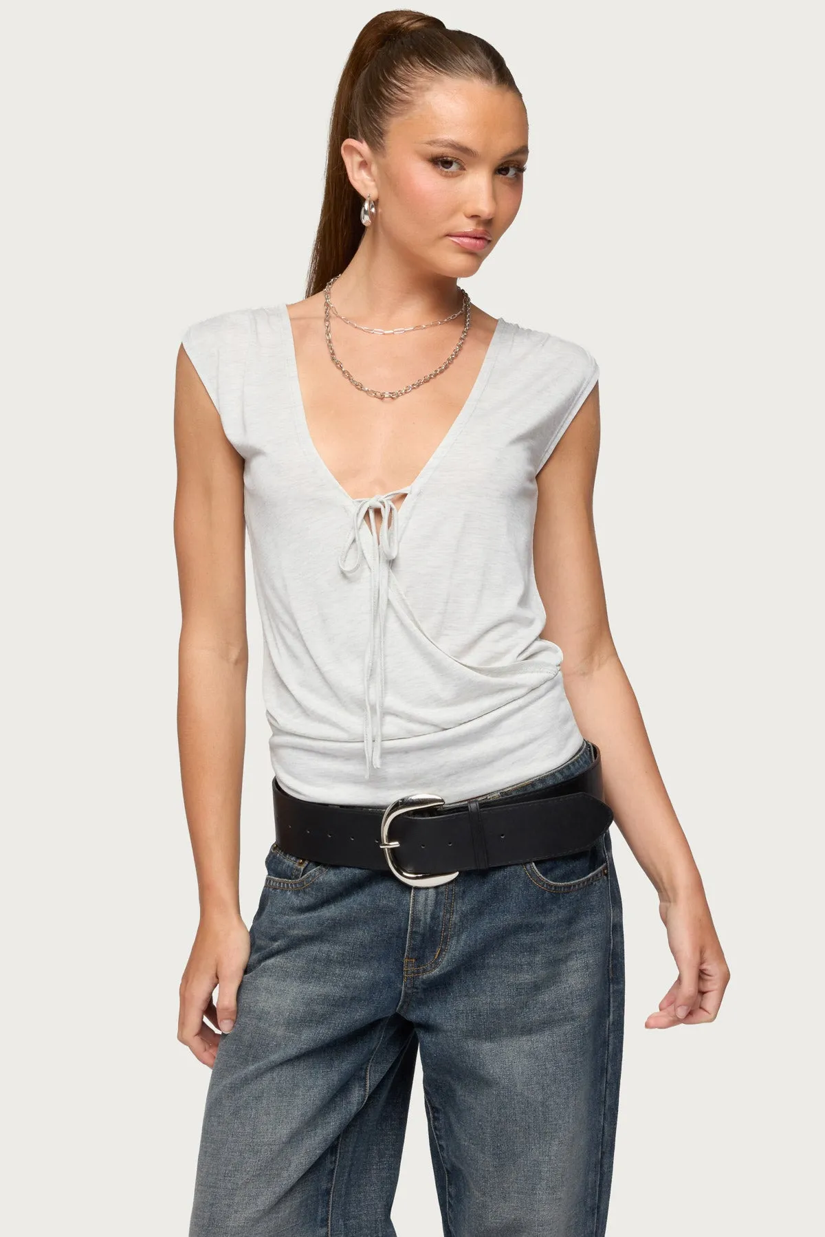 Tie Front V Neck Wrap Top sold by Edikted