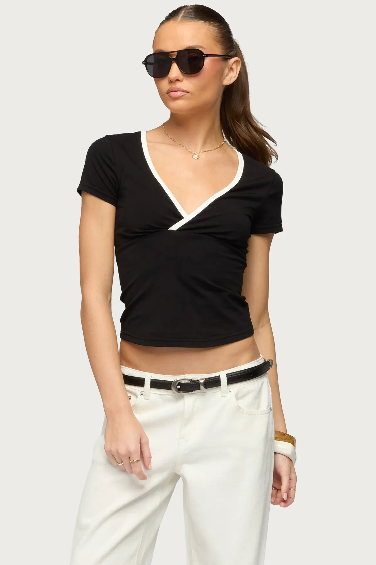 Yulenna Contrast V Neck Top sold by Edikted