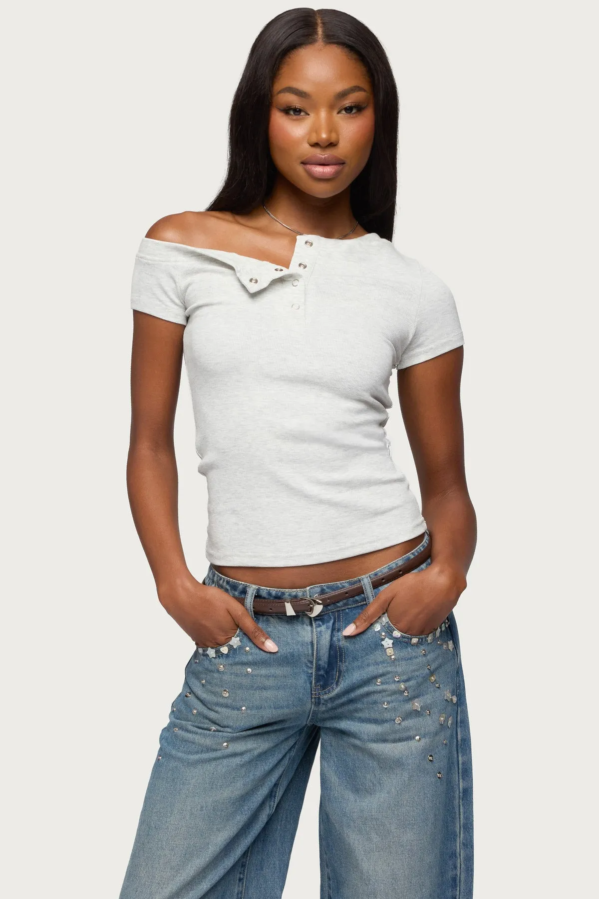 Jubilee Off Shoulder Henley Top sold by Edikted